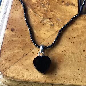 Natural Black Spinel Shungite Sterling Silver Heart Necklace
